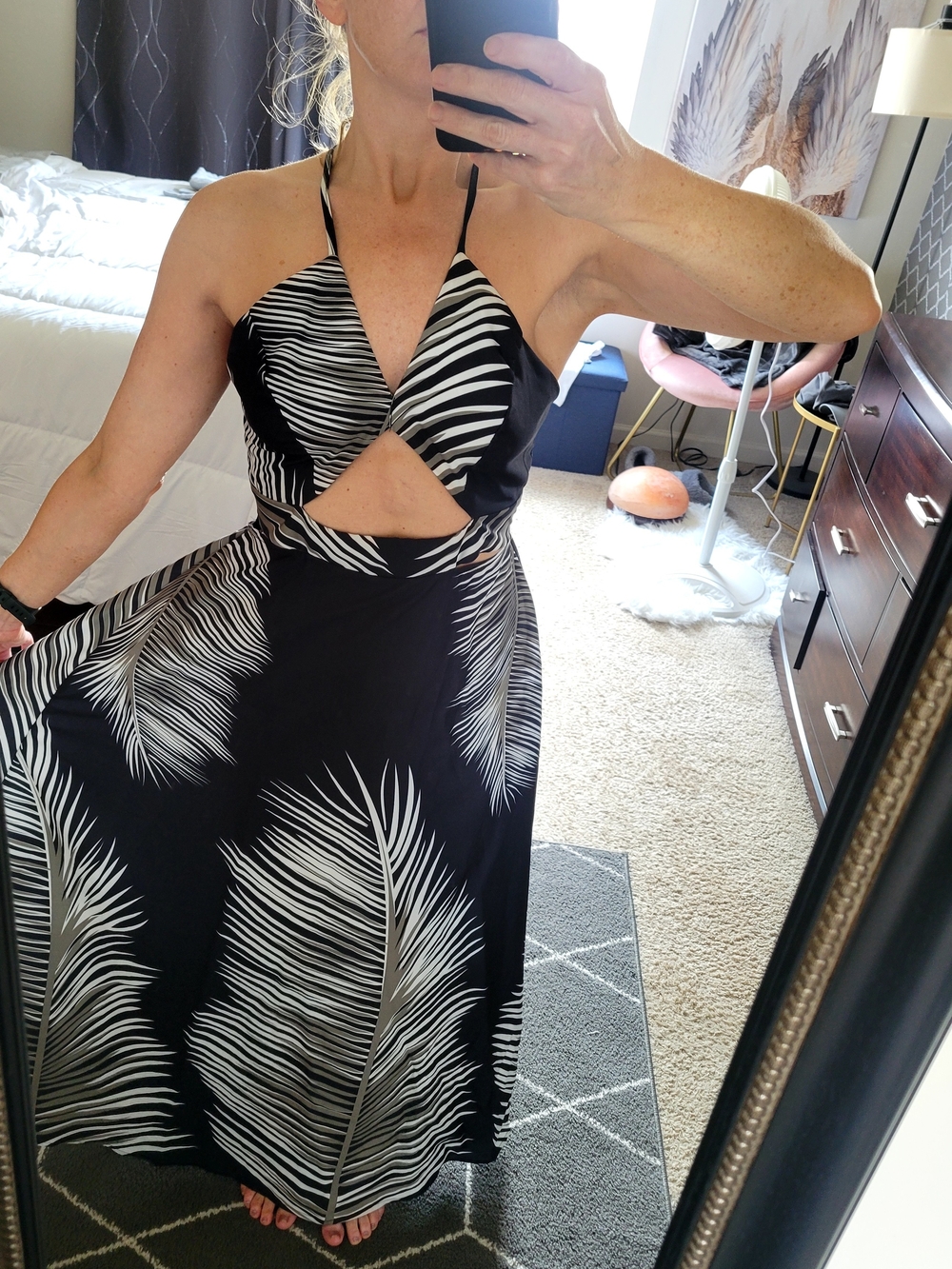 SHEIN Black & White Palm-Print Halter Maxi Dress